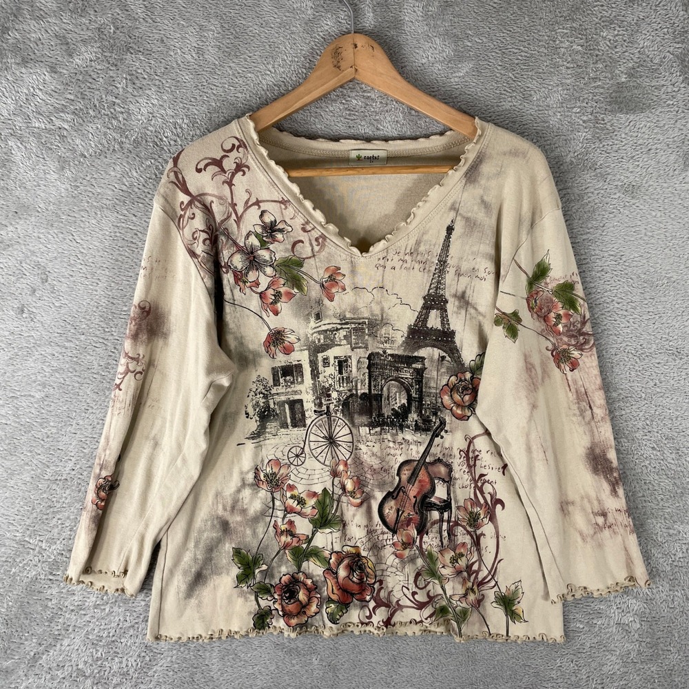 Cactus Paris Eiffel Tower Top Womens 1X Tan Floral V Neck Cotton Y2K Made in USA